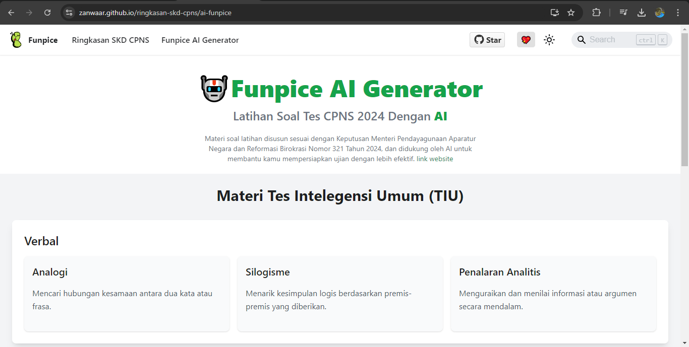 Tampilan FUNPICE AI Generator untuk latihan soal SKD