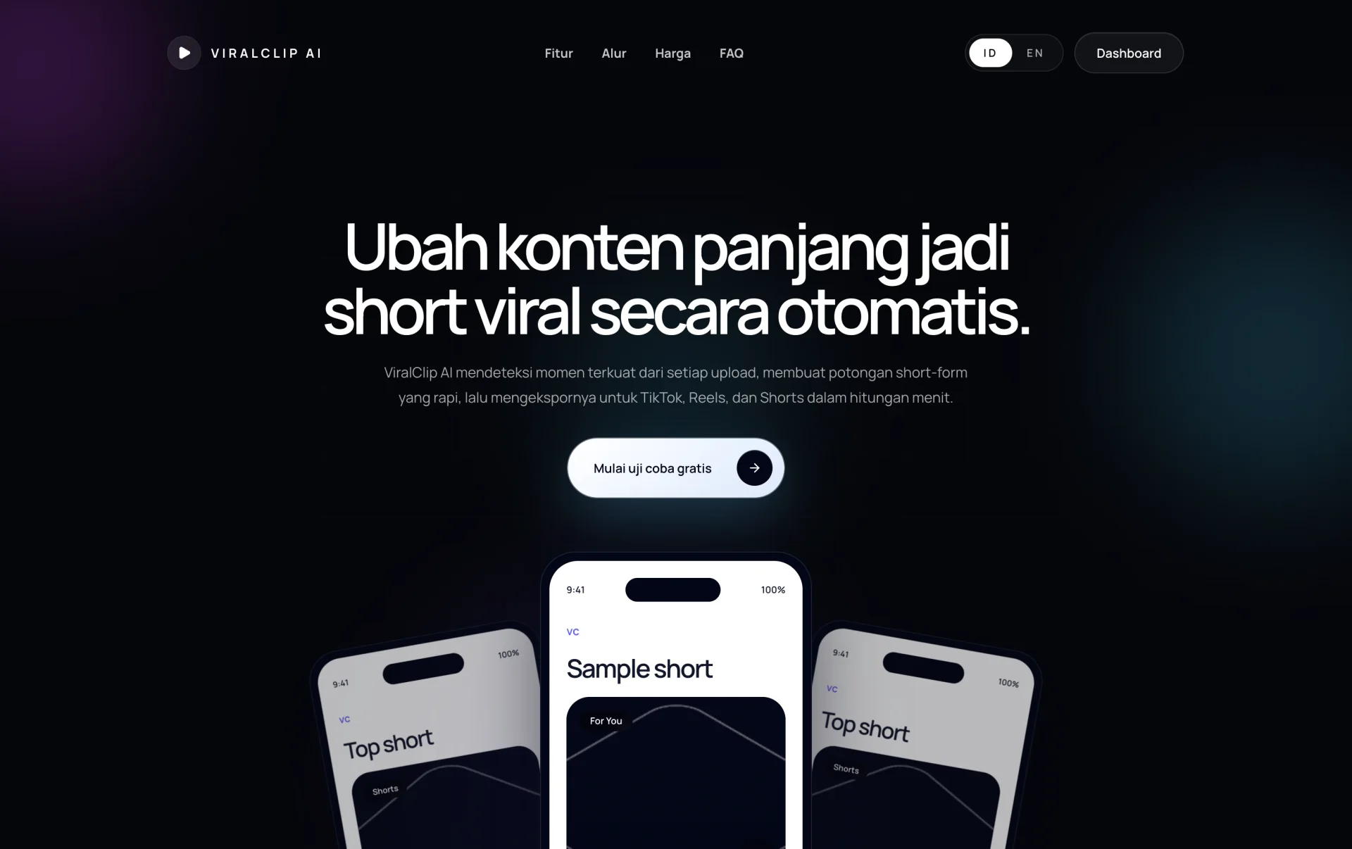 Landing page ViralClip AI untuk mengubah video panjang menjadi short viral